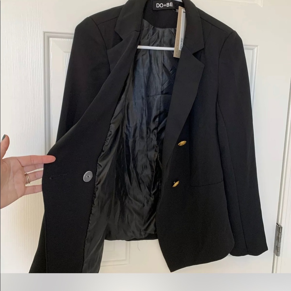 Double Breasted Black Blazer Gold Buttons Gem
